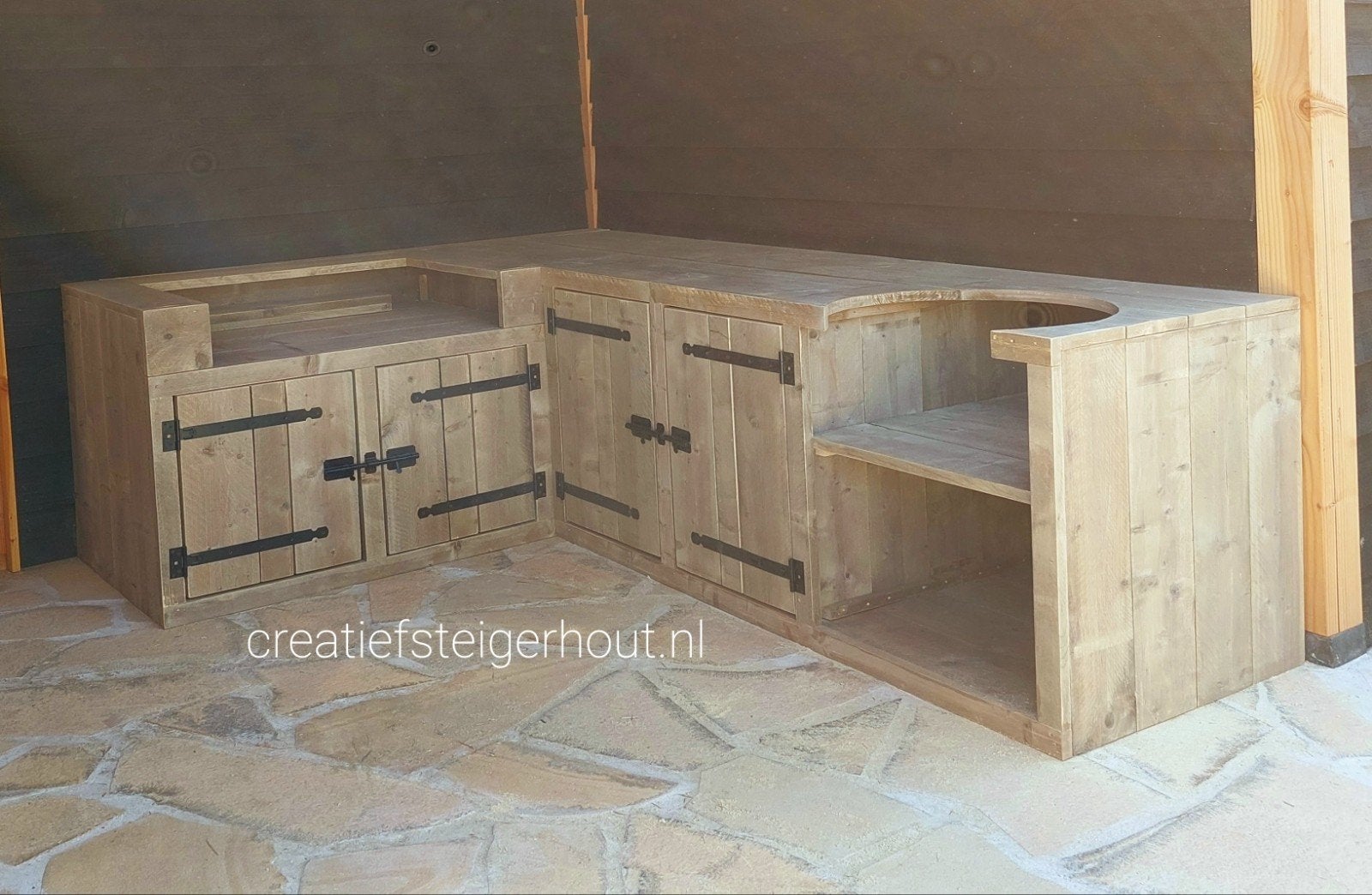 Steigerhouten buitenkeuken hoek mancave kamado grill gas bbq, Verzenden, Nieuw, Houtskool, Inbouw