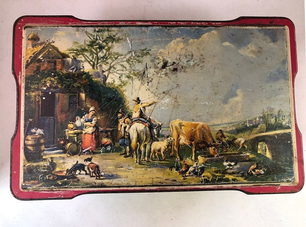 Blik met afbeelding landschap boerderij dieren - sigaren?, Verzamelen, Ophalen of Verzenden, Gebruikt, Overige, Overige merken