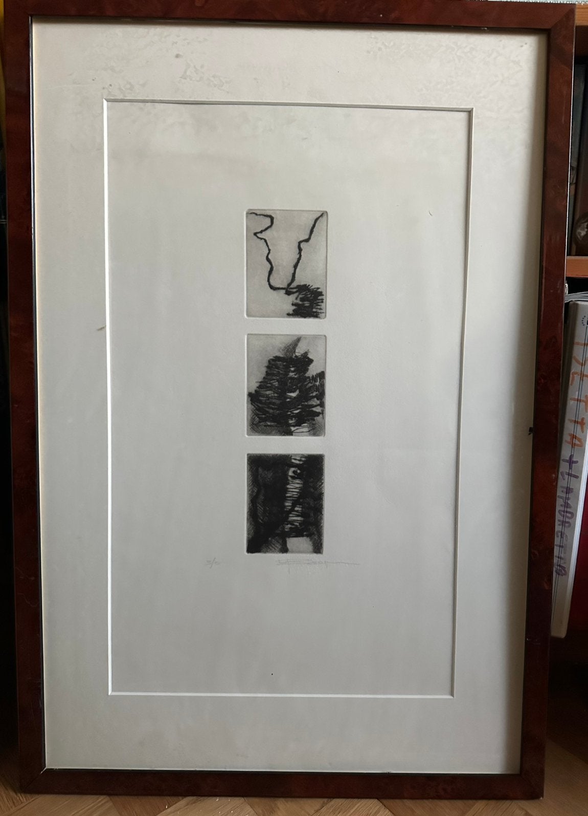 Lijnets in notenhouten lijst, Antiek en Kunst, Kunst | Etsen en Gravures, 2000 tot heden, Dagelijks leven, Origineel, Ets