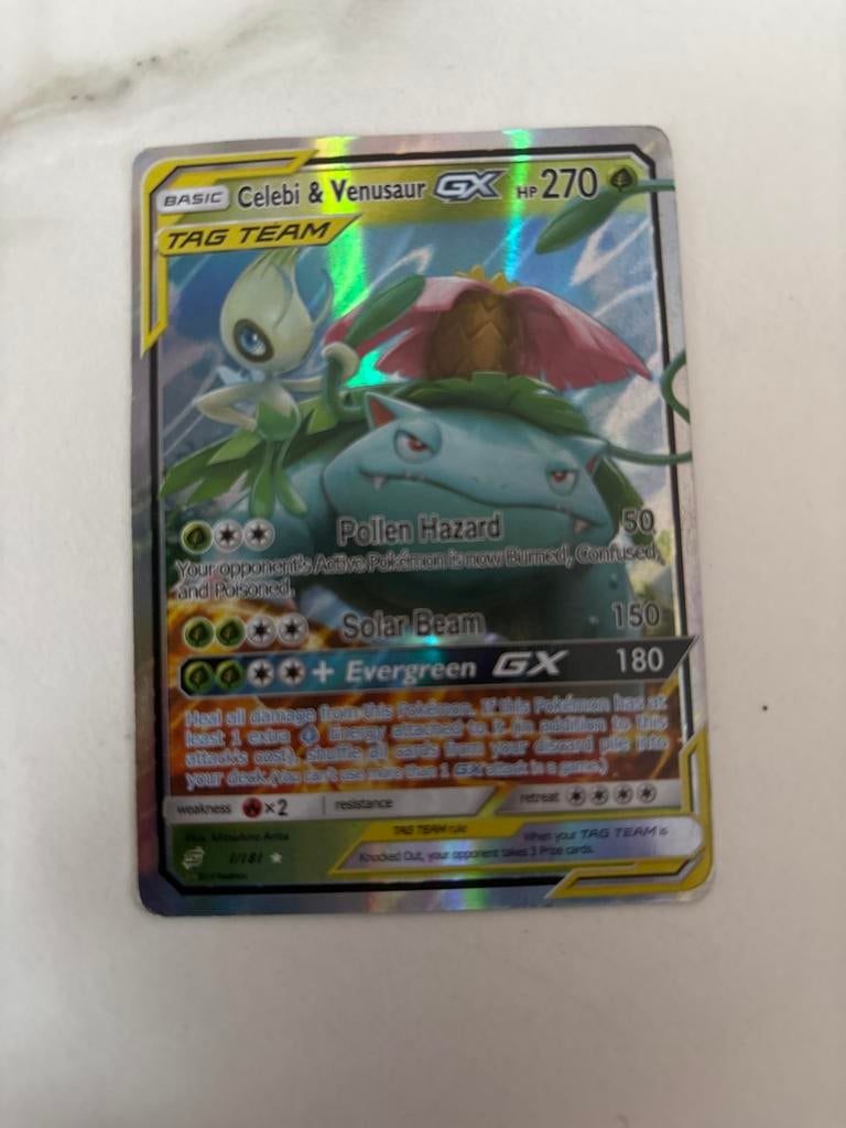 Pokémon Kaart: Celebi & Venusaur GX TAG TEAM (1/181), Ophalen of Verzenden, Zo goed als nieuw, Losse kaart