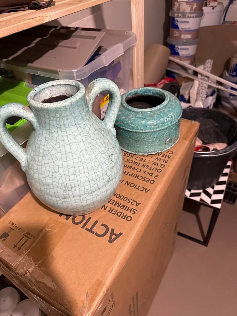 Craquele glazuur in groen blauwe tint, Ophalen, Blauw, Aardewerk of Porselein, Zo goed als nieuw