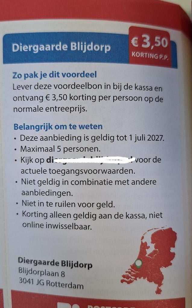 Diergaarde Blijdorp 3,50 euro korting pp, Drie personen of meer, Ticket of Toegangskaart