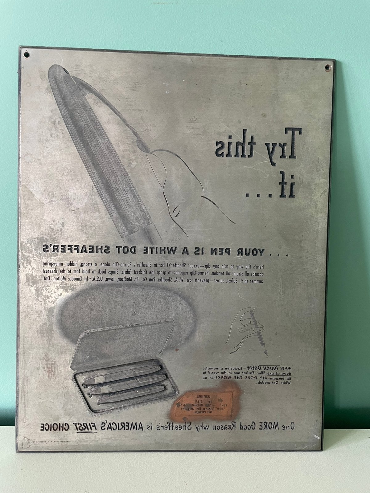 Unieke antieke koperen drukplaat Sheaffer Pen Co (ca. 1950), Ophalen of Verzenden