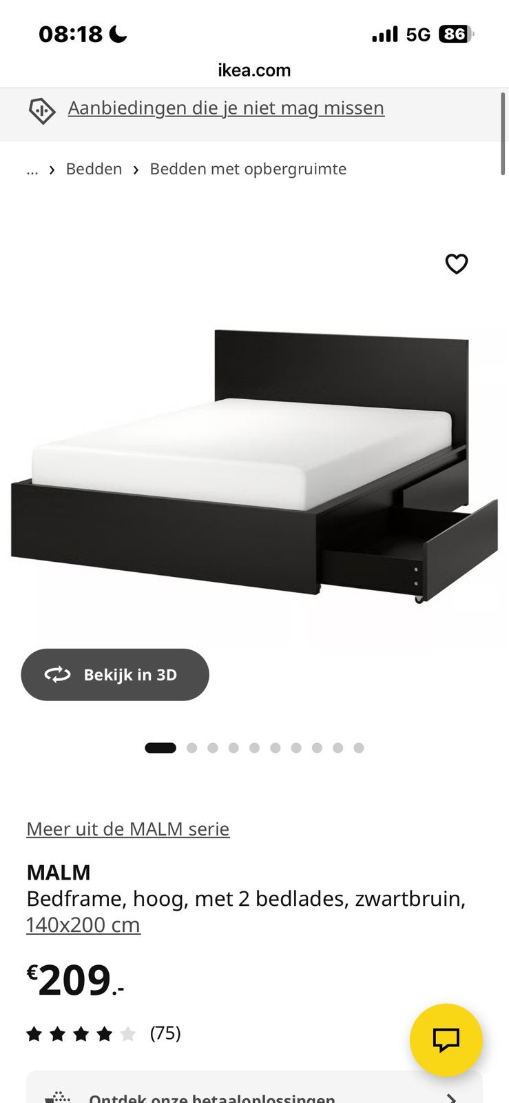 Ikea bed Malm 140x200, Ophalen, Gebruikt, Wit, Tweepersoons