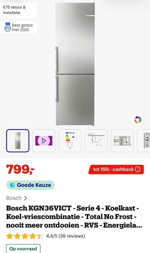 Bosch KGN36VICT koelkast ZGAN, Witgoed en Apparatuur, Koelkasten en IJskasten, Ophalen, 200 liter of meer, 60 cm of meer, 160 cm of meer