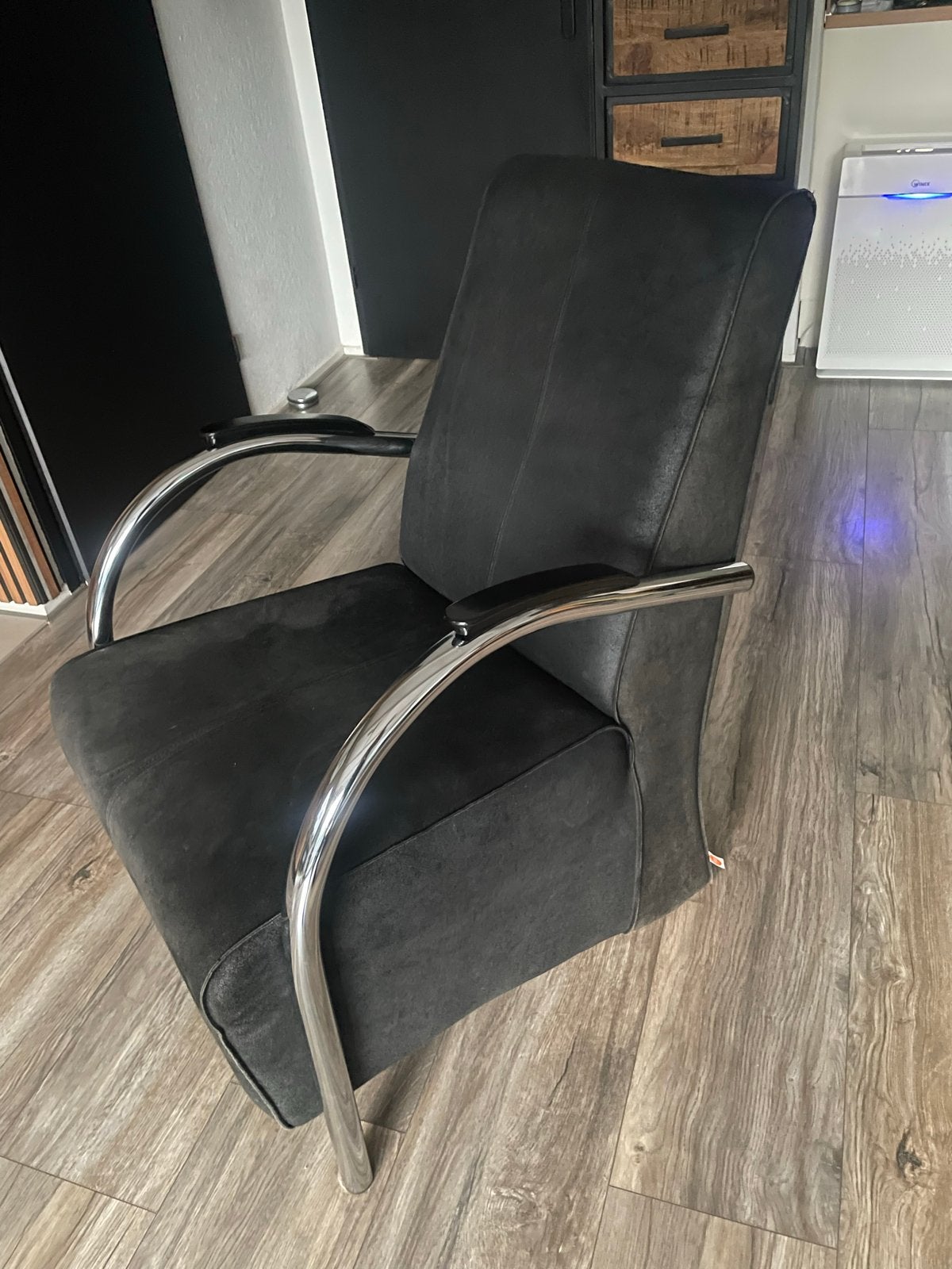 Jess Design Fauteuil - Ruw Leer & Chroom - Vintage Zwart, Huis en Inrichting, Fauteuils, Ophalen, Gebruikt, 50 tot 75 cm, Leer