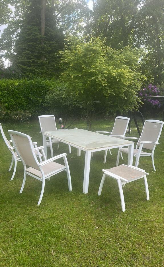 Bellagio tuinset tafel, stoelen en kruk, Ophalen, Gebruikt, Aluminium