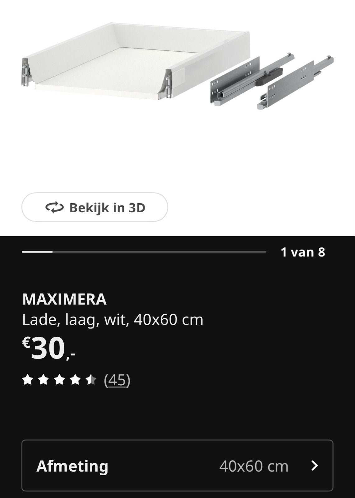IKEA MAXIMERA voor Metod Lade, laag, wit, 40x60 cm, Ophalen, 1 of 2 laden, Nieuw, 50 tot 100 cm