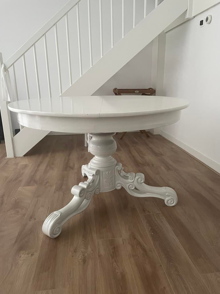 Massief houten, wit geschilderde tafel, Huis en Inrichting, Tafels | Eettafels, Ophalen, Gebruikt, Vier personen, 100 tot 150 cm
