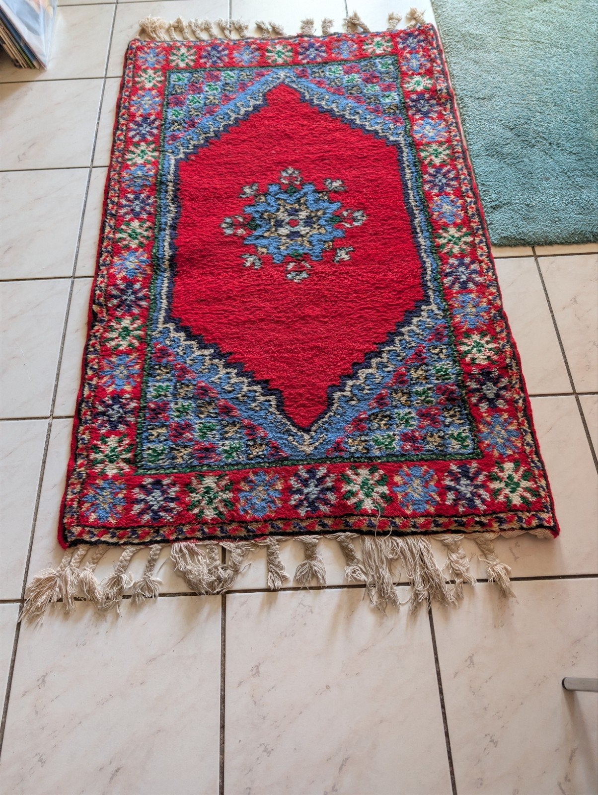 Authentiek Marokkaans Gebedskleed - Rood met Blauw, Ophalen of Verzenden