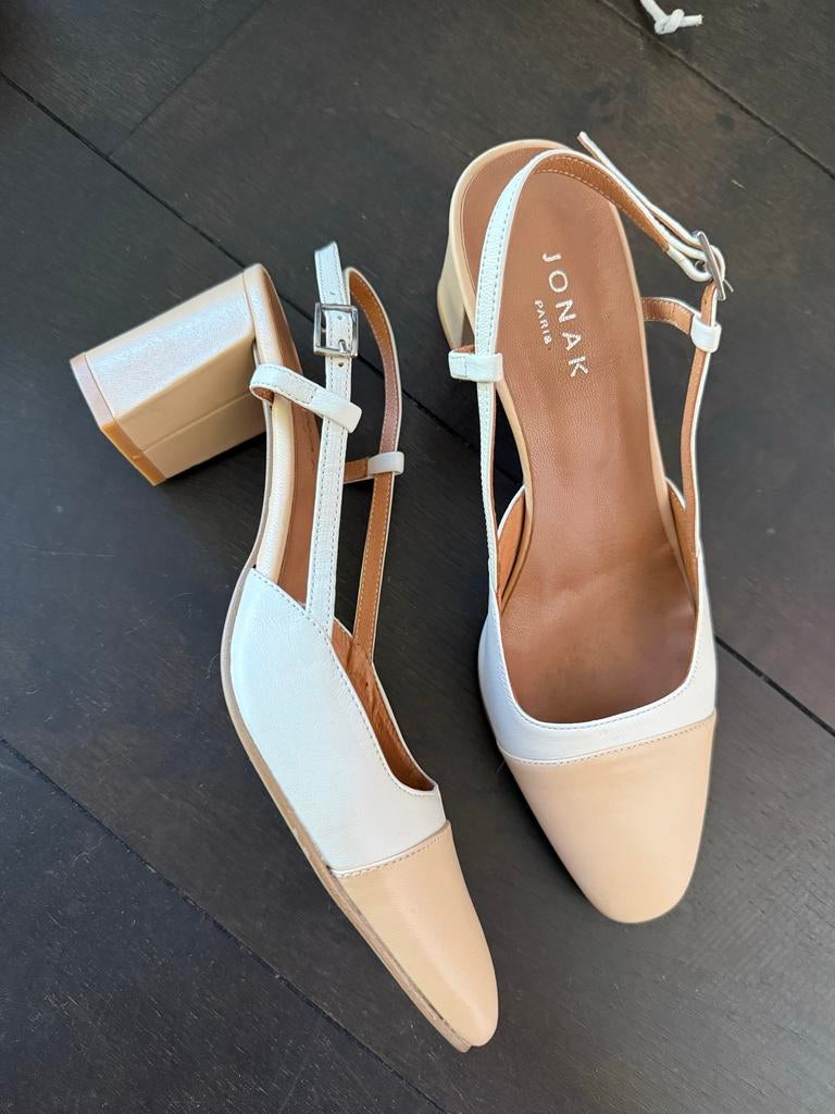 Jonak Paris T-band Pumps Maat 38 - Beige/Wit, Kleding | Dames, Schoenen, Pumps, Beige, Ophalen of Verzenden, Zo goed als nieuw