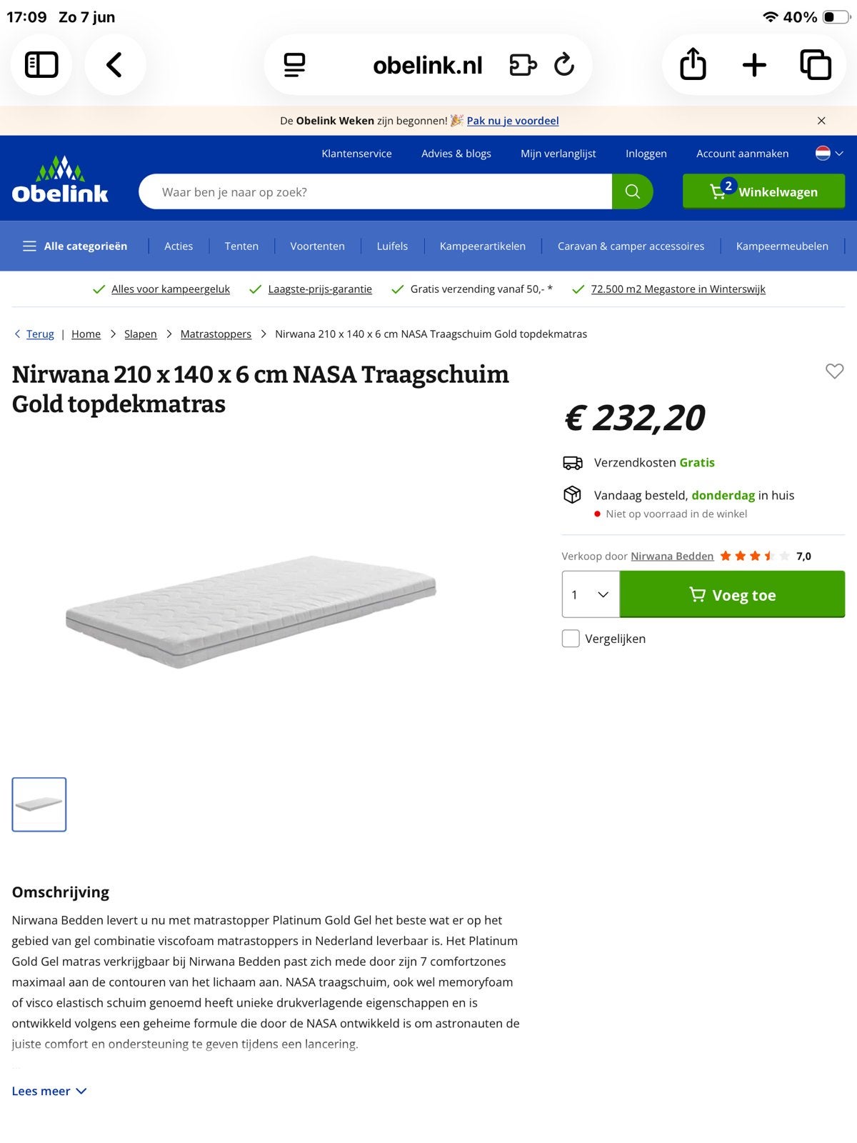 Topper Nirwana Gold NASA Traagschuim 210x140x6cm, Caravans en Kamperen, Ophalen, Nieuw