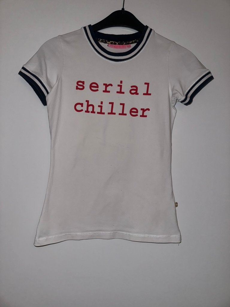 Lola meis 146 152 shirt tshirt wit blauw serial chiller, Gebruikt, Verzenden, Meisje, Shirt of Longsleeve