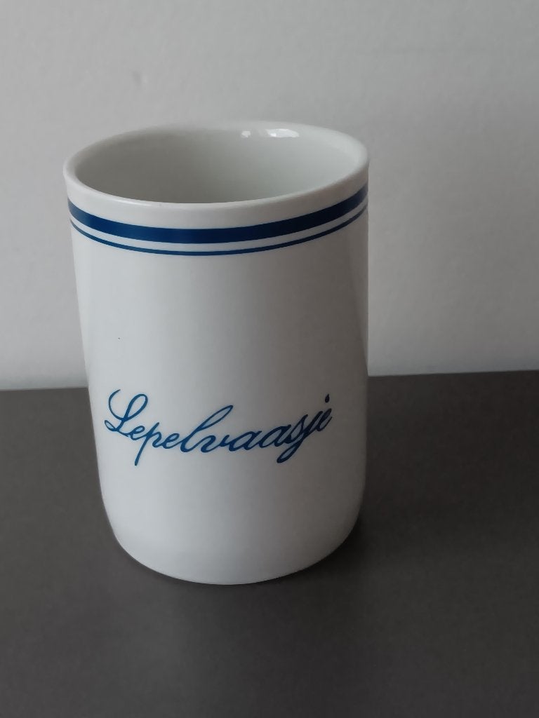 Lepelvaasje keramiek wit met blauwe rand, Huis en Inrichting, Overige typen, Ophalen of Verzenden, Gebruikt, Wit