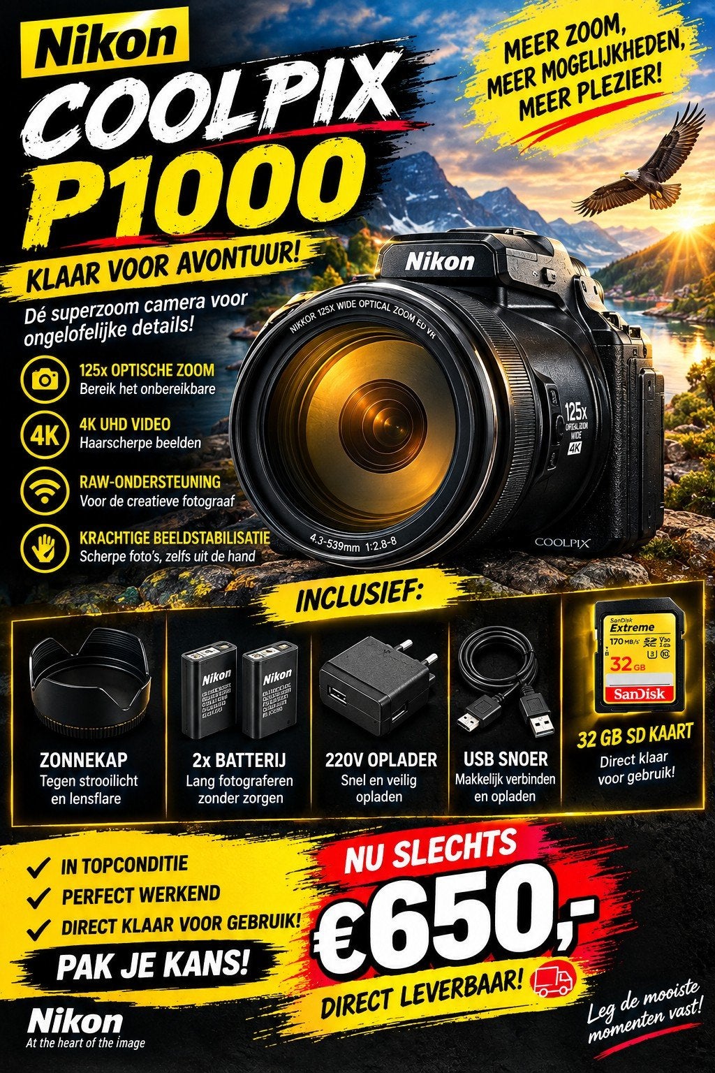 In prijs verlaagt €650 - Nikon Coolpix P1000 Bridgecamera -, Ophalen of Verzenden, Zo goed als nieuw, Geheugenkaart, Nikon