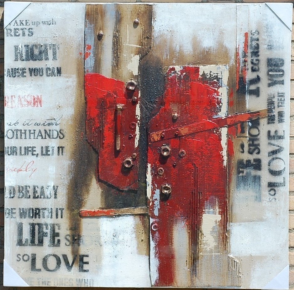 Modern Abstract Canvas "Rood Love Life" 100x100 cm – NIEUW, Ophalen