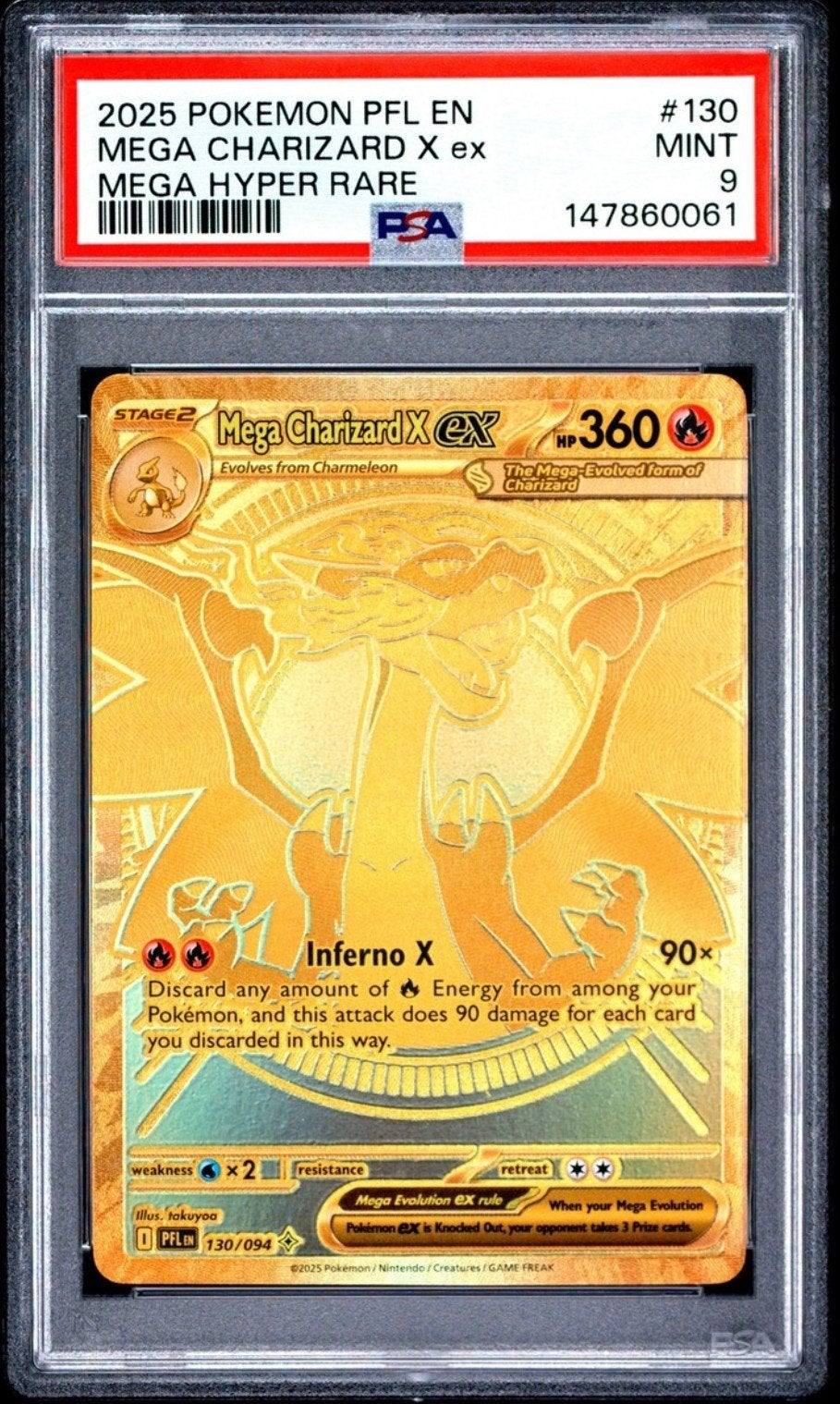 Mega Charizard X EX PFL EN 130/094 PSA 9 MINT Pokémon Kaart, Ophalen of Verzenden, Nieuw, Losse kaart, Foil