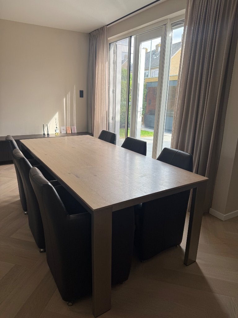 Bert Plantagie Eettafel RVS met Eiken blad, Huis en Inrichting, Ophalen, Gebruikt, Eikenhout, 200 cm of meer