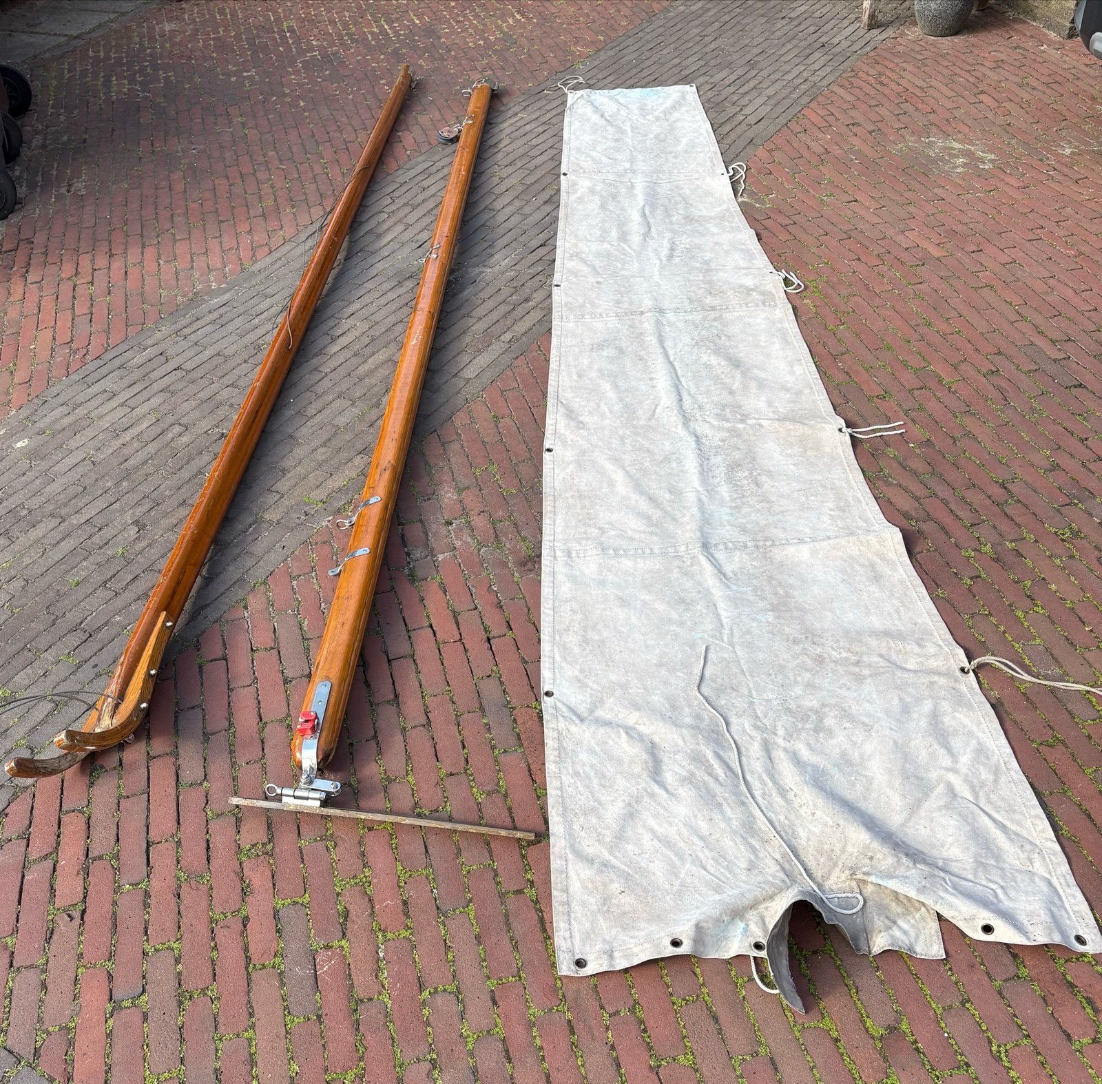 Houten giek en gaffel met huik 16m2, Gebruikt, Ophalen of Verzenden, 3 tot 6 meter, Minder dan 15 m²