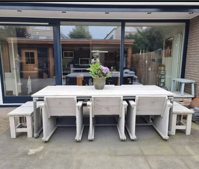 Steigerhouten tuintafel + 6 stoelen en 4 krukjes, Ophalen, Gebruikt, Rechthoekig, Hout