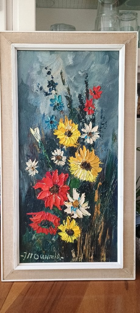 Vintage schilderij, Antiek en Kunst, Bloemen, Doek, Ophalen of Verzenden, Olieverf