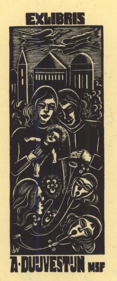 0386 Ex Libris Nederland : Cor de Wolff, 1948, Antiek en Kunst, Kunst | Etsen en Gravures, Verzenden, Ex libris