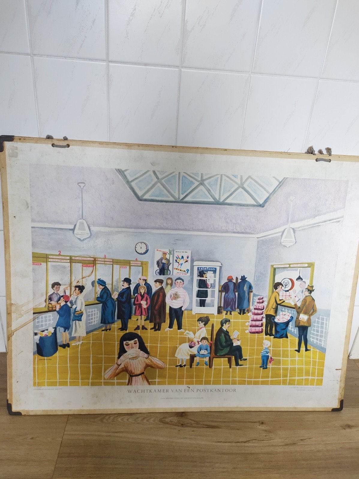 Oude schoolplaat, wachtkamer van een postkantoor, Ophalen of Verzenden, Geschiedenis