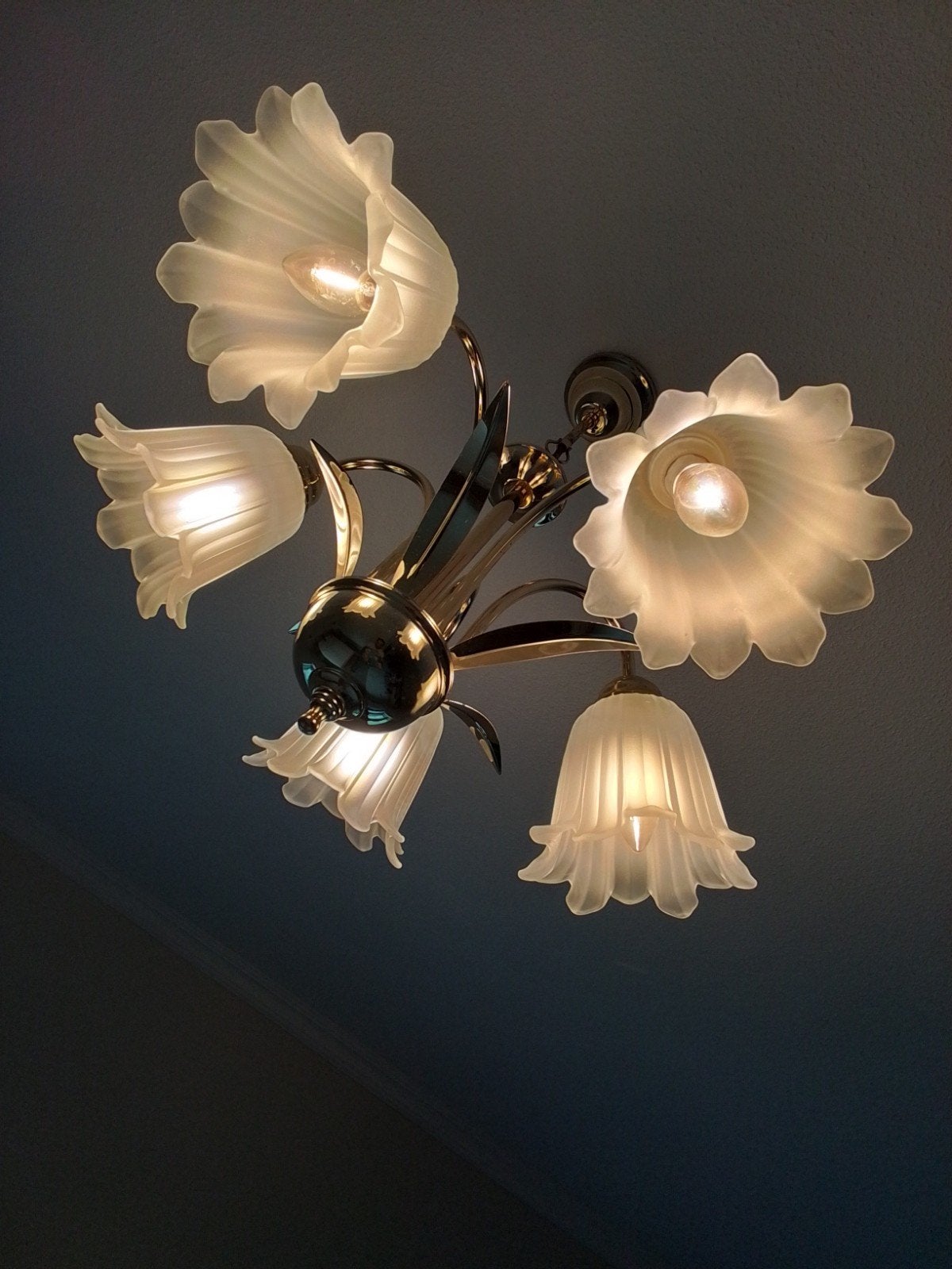 Klassieke gouden kroonluchter met 5 glazen kappen, Gebruikt, Klassiek, Glas, Minder dan 100 cm