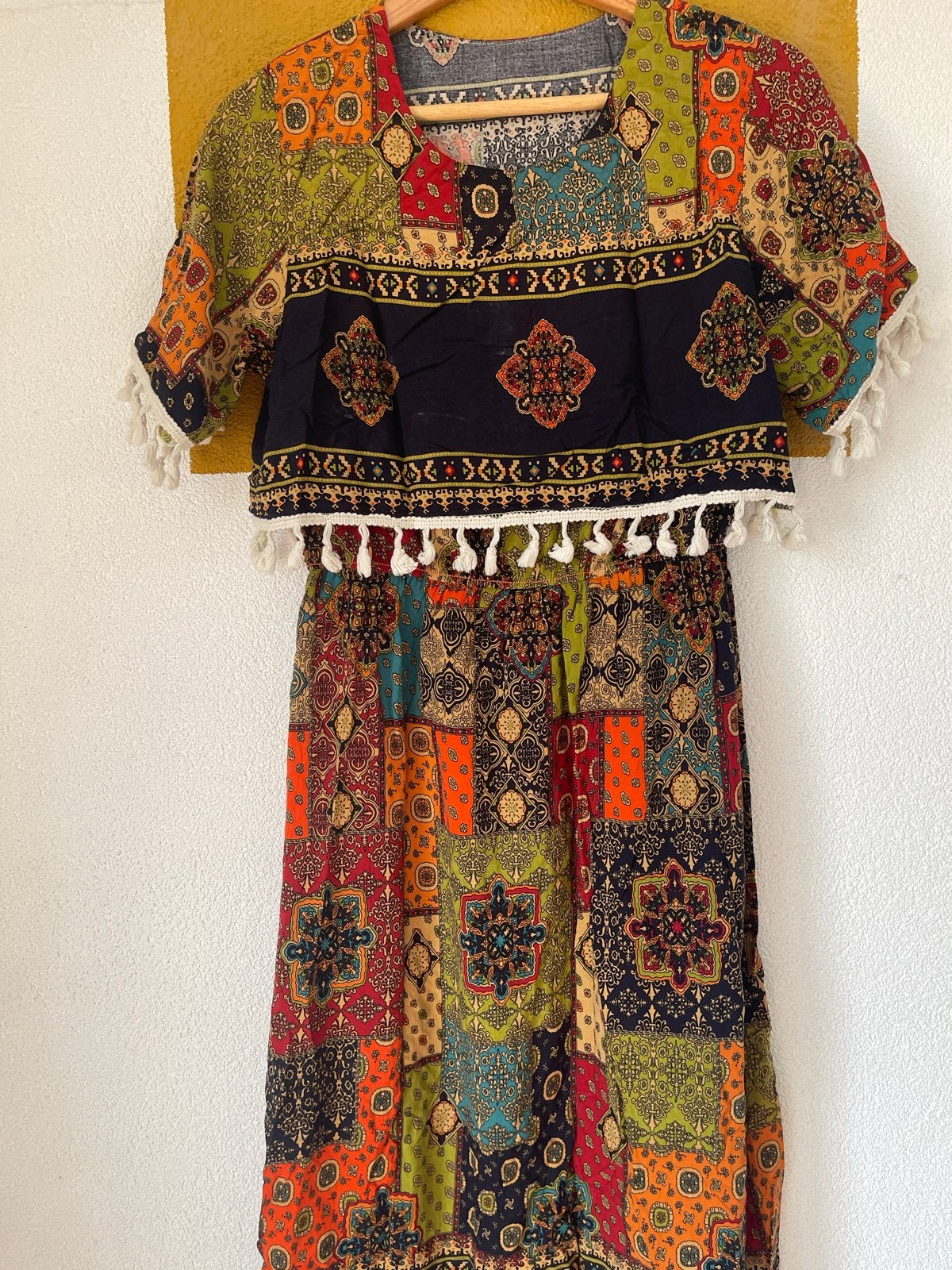 Boho Hippie Patchwork Jurk met Kwastjes - Maat M/L, Maat 38/40 (M), Meerkleurig, Ophalen of Verzenden, Zo goed als nieuw
