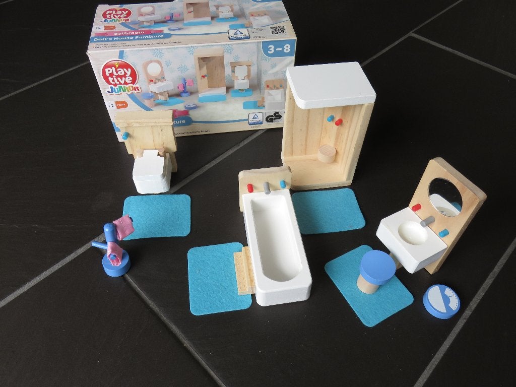 Houten poppenhuis badkamer, 12 delig, nieuw., Ophalen of Verzenden, Nieuw, Toebehoren