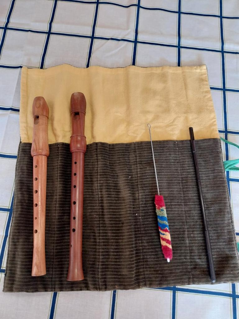 Twee houten blokfluiten met etui en schoonmaakborstel, Ophalen of Verzenden, Gebruikt, Sopraan of Sopranino, Met koffer, hoes of etui