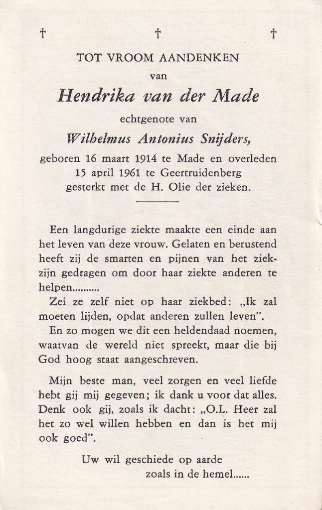 Made Hendrika 1914 Made 1961 Geertruidenberg, Ophalen of Verzenden, Bidprentje