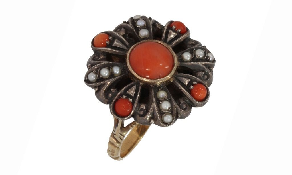 Bloedkoraal parel antieke 14k gouden fraaie ring dame zilver, Ophalen of Verzenden, Goud, Ring, Met edelsteen