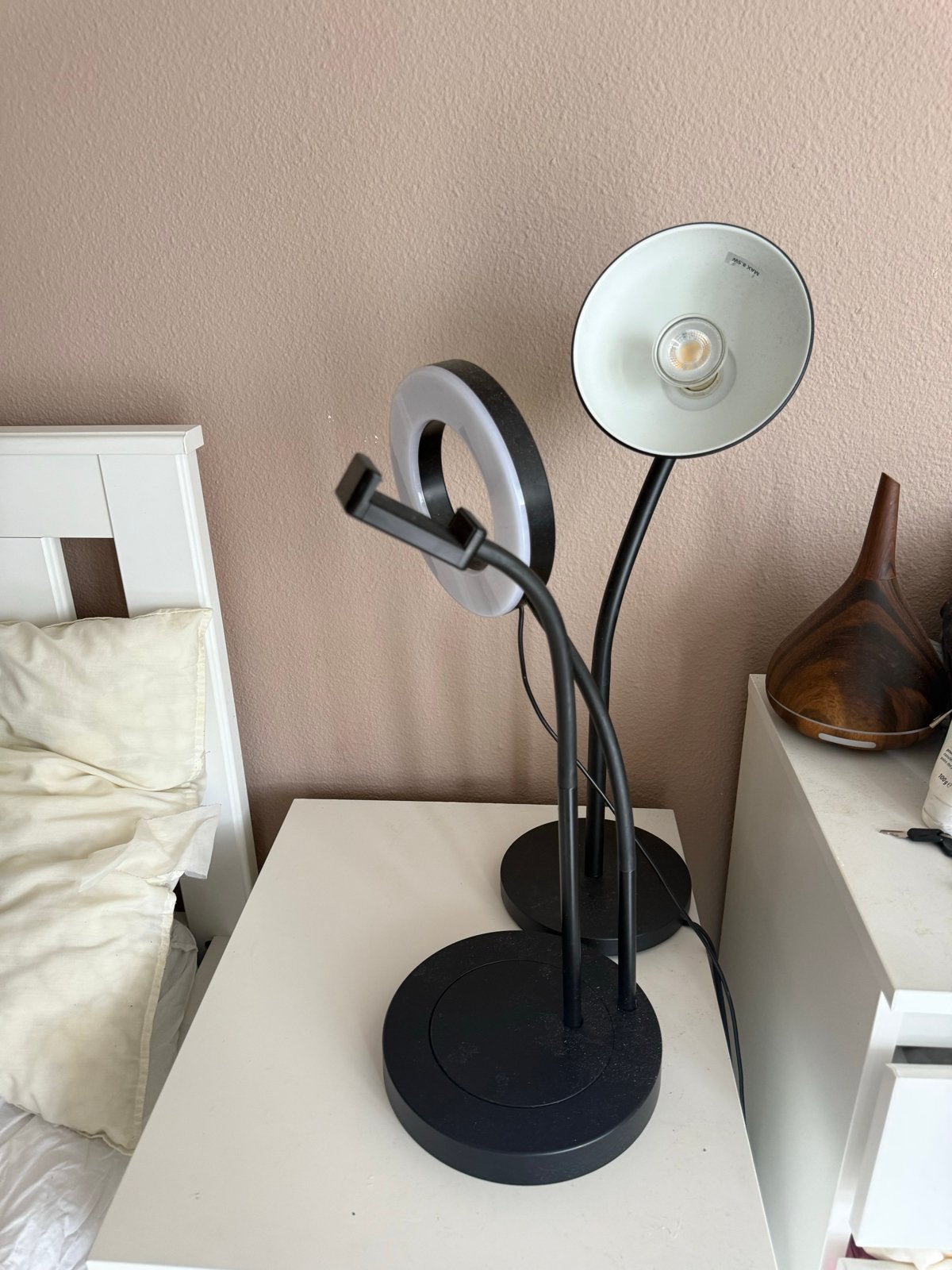 Tafellamp met ringlicht en telefoonhouder, Huis en Inrichting, Ophalen, Gebruikt, E27 (groot), Zwart