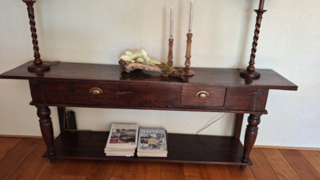Vintage zware eiken sidetable met 2 laatjes, Ophalen, Eikenhout, Zo goed als nieuw, 150 tot 200 cm