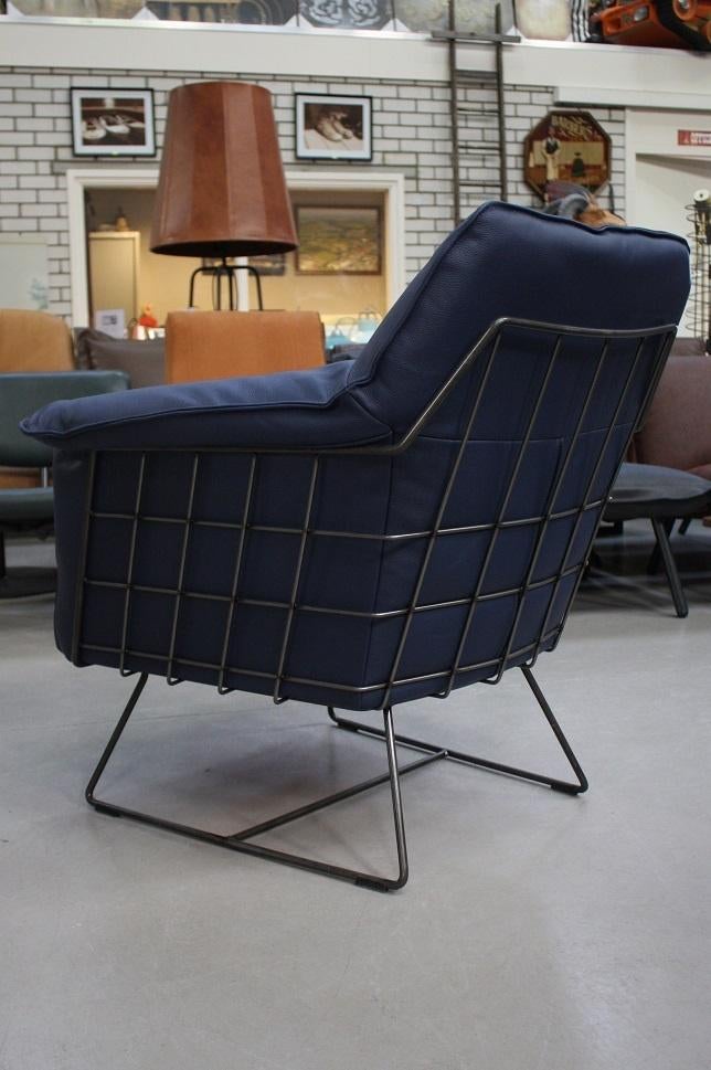 Luxe stoere fauteuil RAZ Jess Design metaal leer Kobaltblauw, Ophalen, Zo goed als nieuw, Leer, 75 tot 100 cm