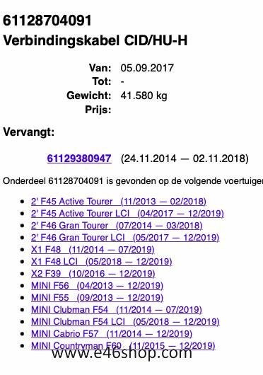 VERBINBDINGSKABEL BMW F45 F46 X1 MINI OE 61128704091, Ophalen of Verzenden, -, -, -