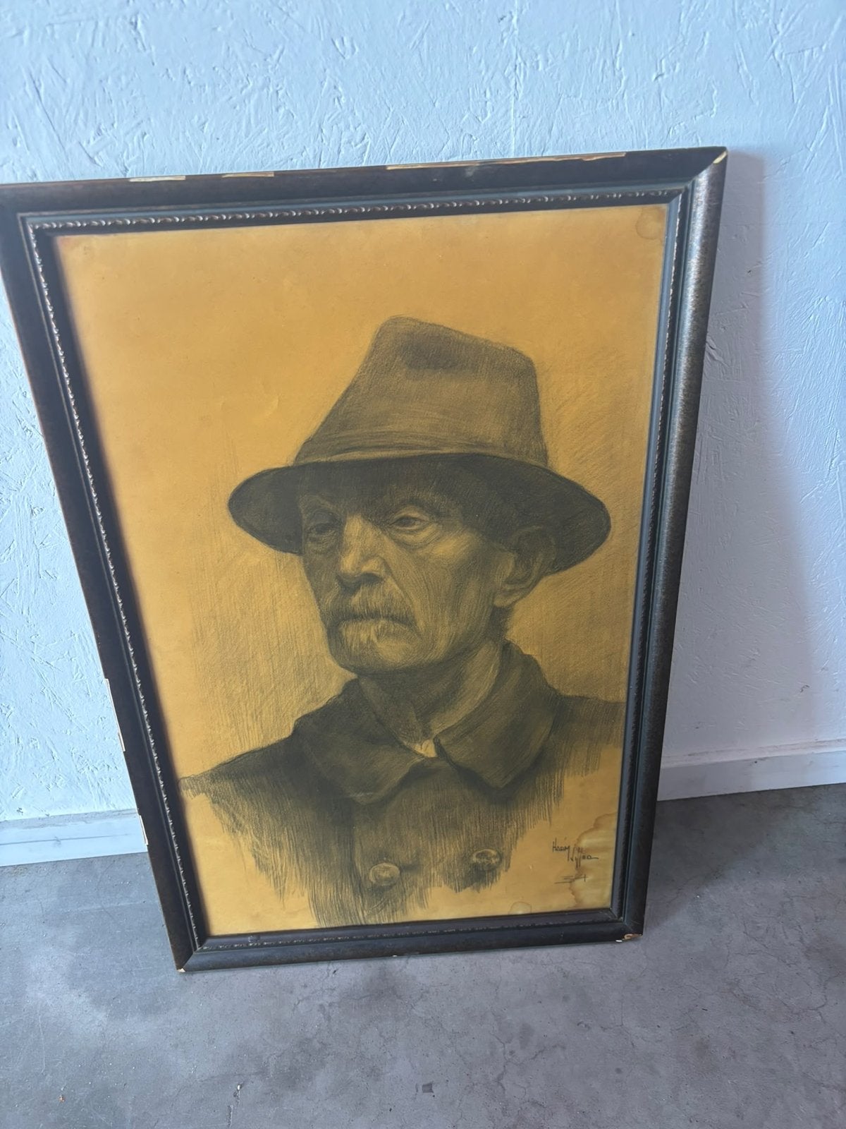 Portret van een Man met Hoed, gesigneerd, Ophalen, Tekening, Potloodtekening, Gesigneerd