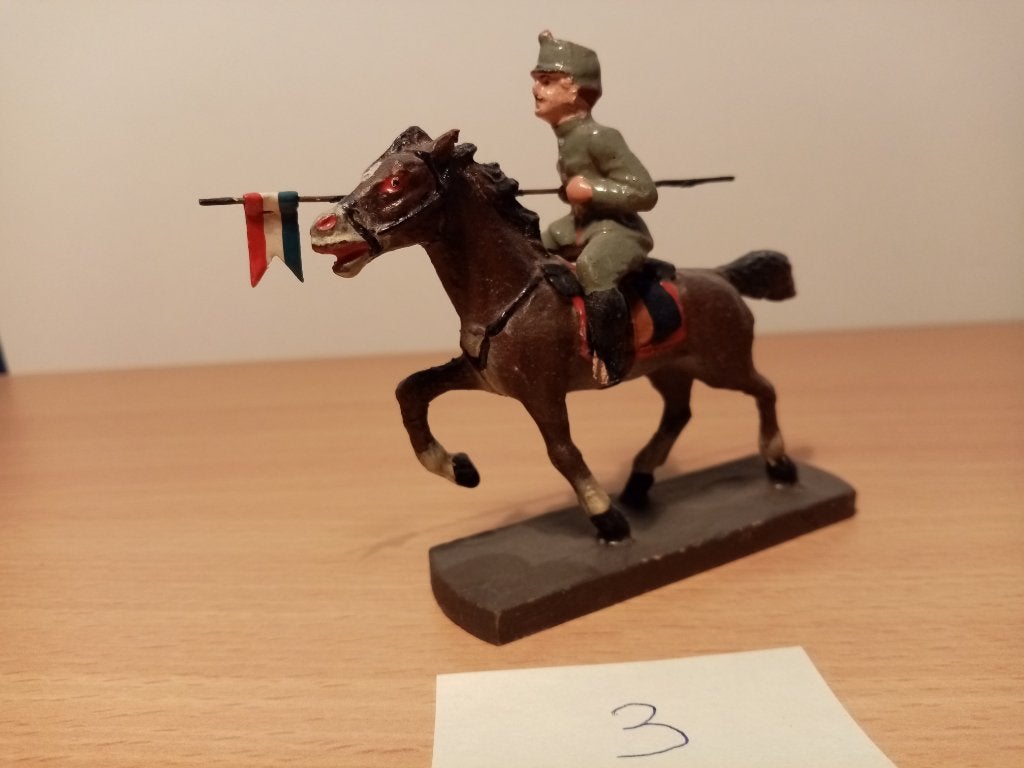 Elastolin, man te paard (3) oud, (bijna 100 jaar oud) 60mm, Ophalen of Verzenden, Zo goed als nieuw