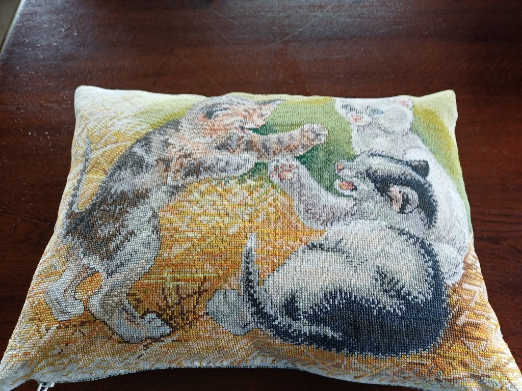 Kussen met borduurwerk ,,Kittens,, 40/30 cm. /rits, Nieuw, Ophalen of Verzenden, Sierkussen, Handgemaakt