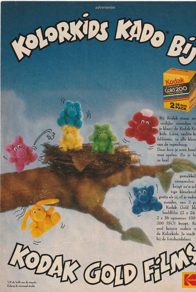 Retro reclame 1991 Kodak actie Kolorkids knuffels, Verzenden, Overige typen