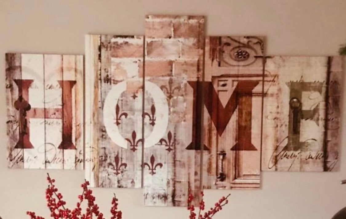 Wanddecoratie HOME - 5 luiken, Hout, Meerkleurig, Ophalen of Verzenden, Zo goed als nieuw