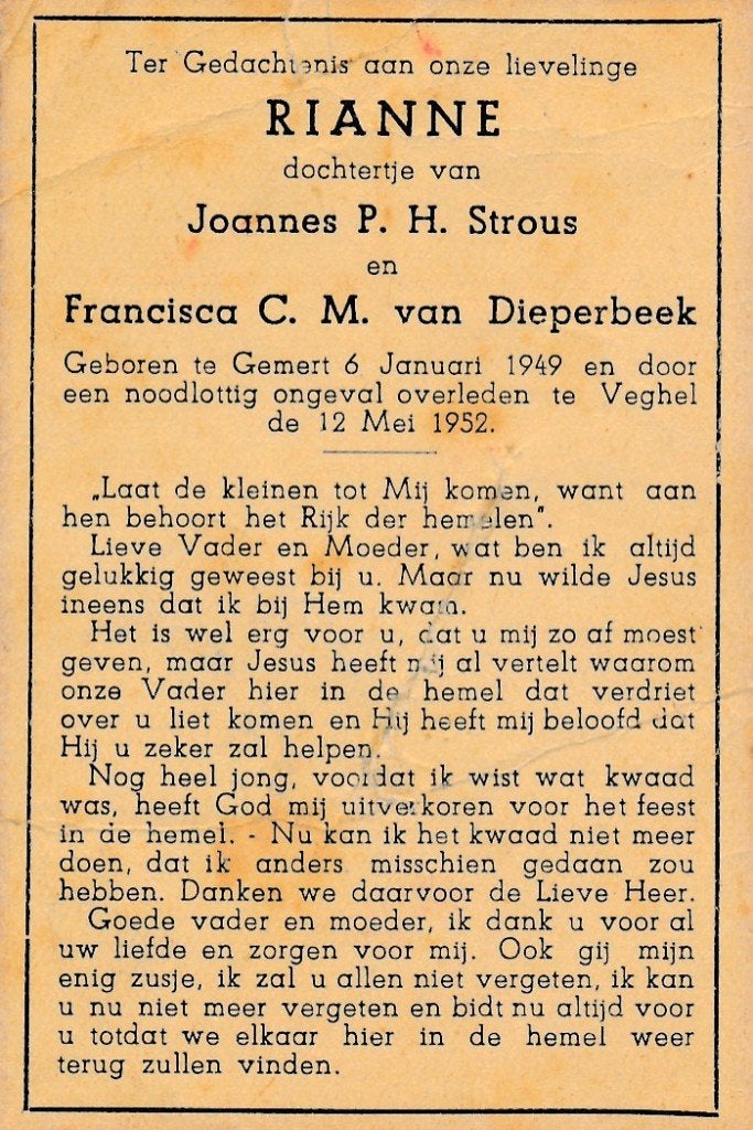 Strous Rianne 1949 Gemert 1952 Veghel  ongeval, Ophalen of Verzenden, Bidprentje