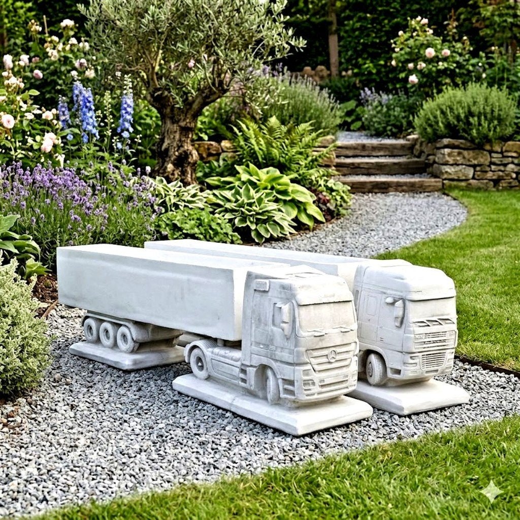 Vrachtwagen, tractor met kar, trein als betonnen tuinbeeld, Tuin en Terras, Tuinbeelden, Ophalen, Nieuw, Beton, Overige typen
