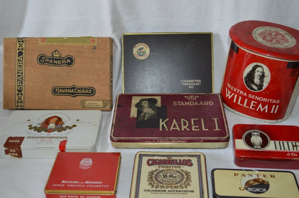 Collectie van 9 Vintage  Sigarenblikken/kistje e.d., Ophalen of Verzenden, Gebruikt, Tabaksdoos of Verpakking