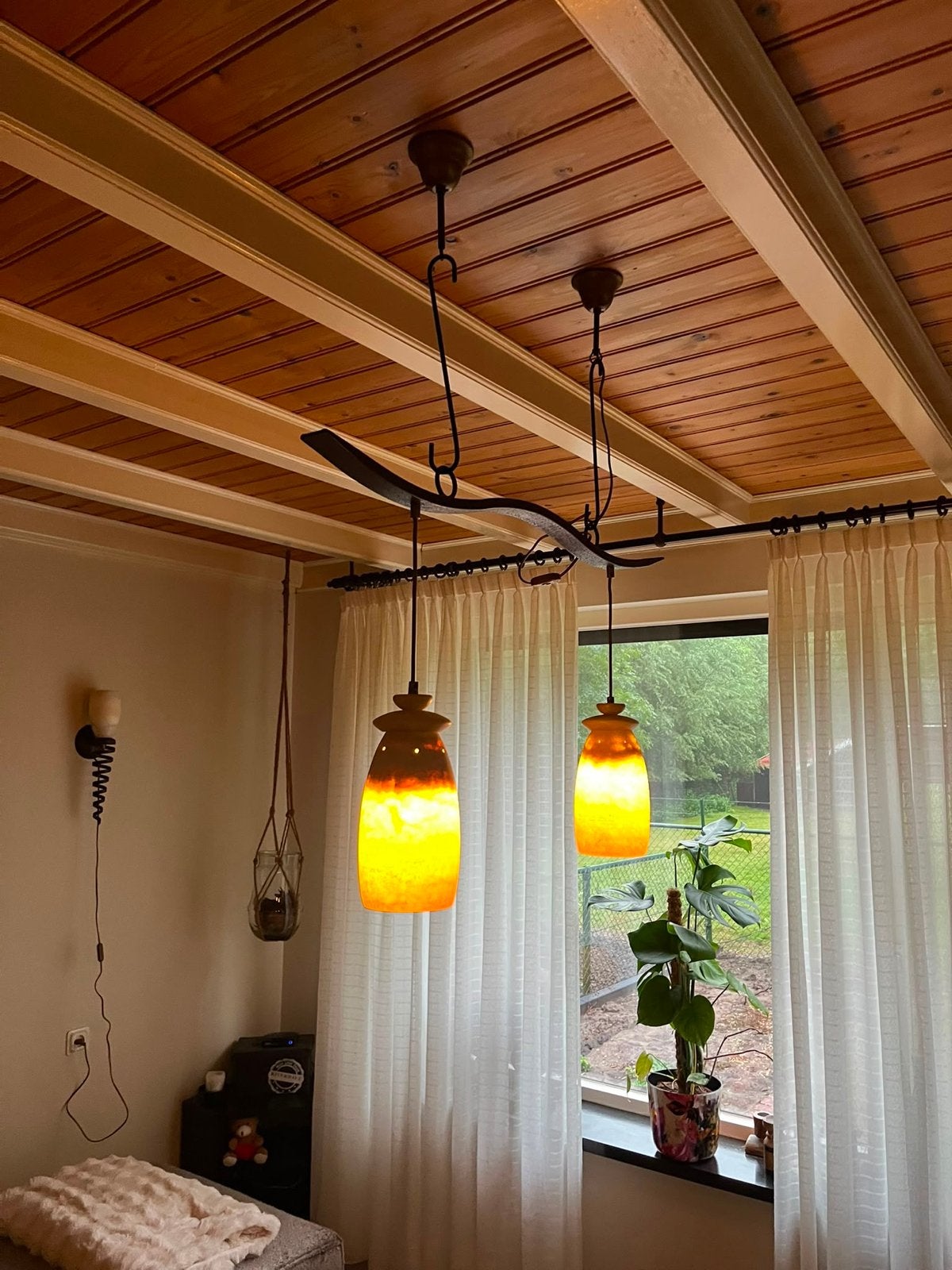 Unieke hanglampen set met houten en glazen kappen, Ophalen, Gebruikt, Hout, E27 (groot)