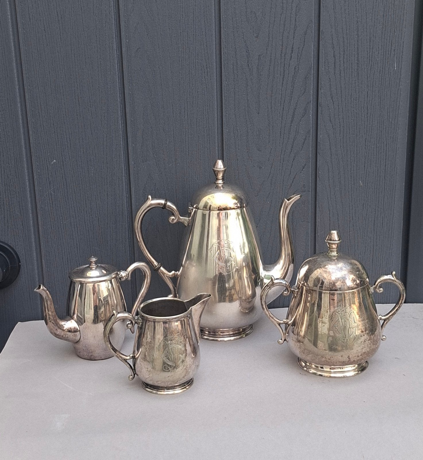Vintage Wiskemann verzilverd koffie/theeset 4-delig monogram, Ophalen of Verzenden
