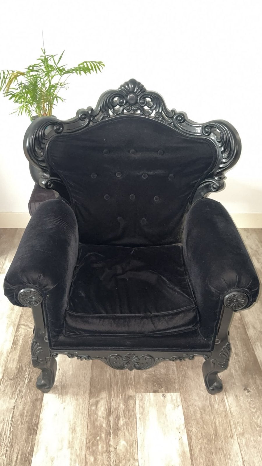 Zwarte Barok Fauteuil - Fluweel en Hout, Huis en Inrichting, Ophalen, Gebruikt, Hout, 75 tot 100 cm