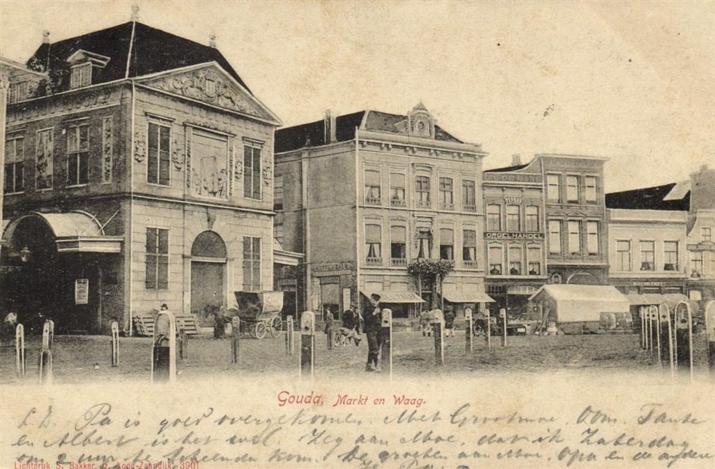 Gouda, Markt en Waag. - Orgelhandel Societeit - 1902 gelopen, Verzenden, Voor 1920, Ongelopen, Zuid-Holland