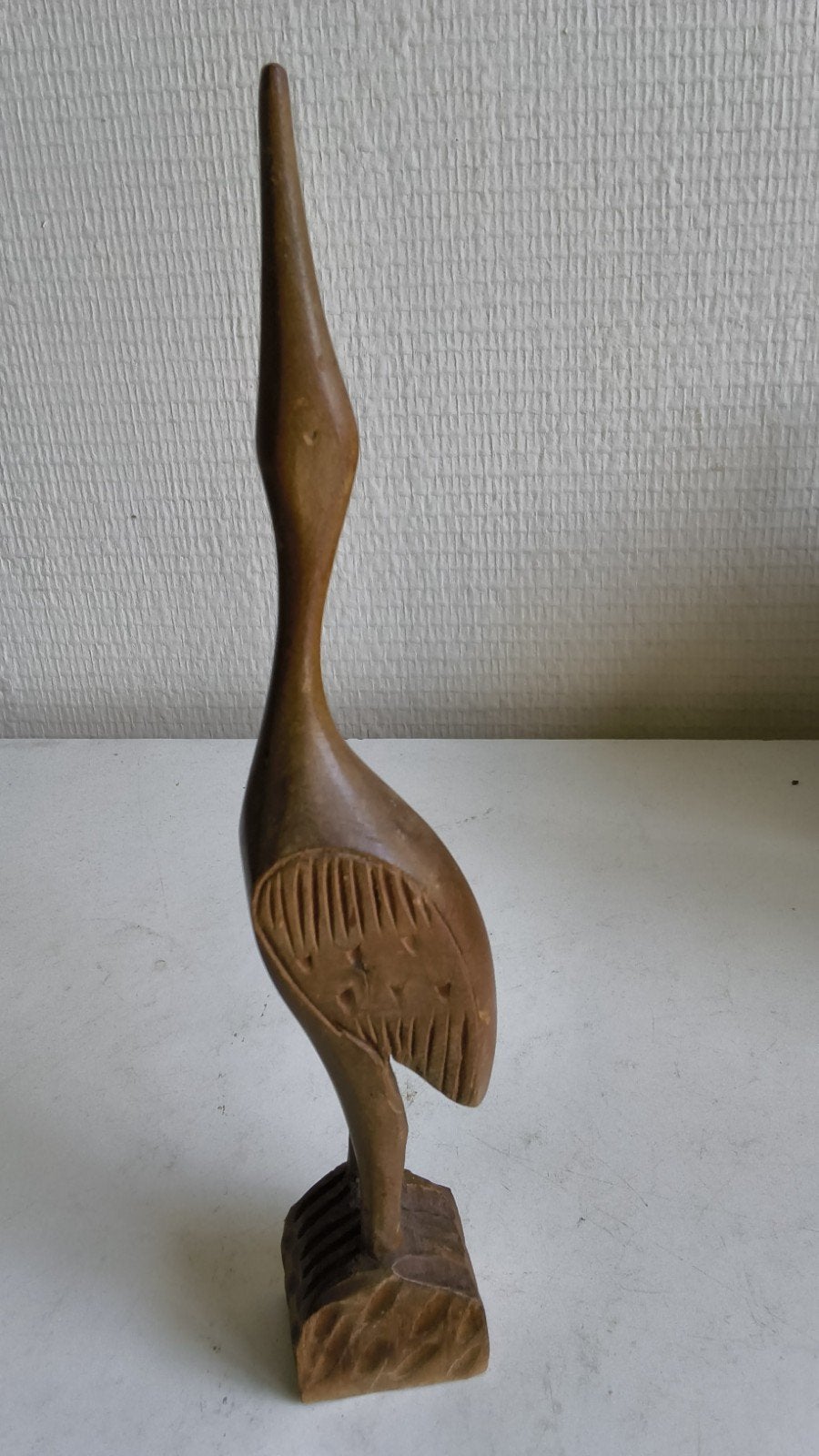 vintage teakhout reiger, midcentury handgesneden 20 cm, Ophalen of Verzenden